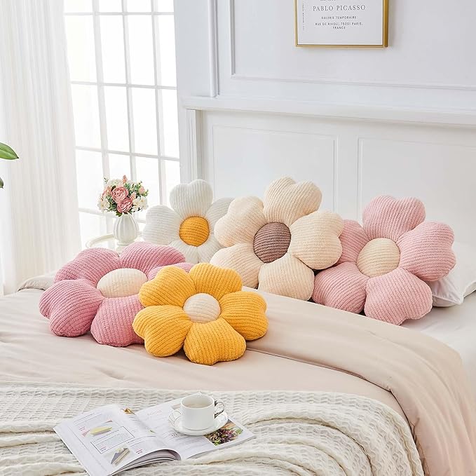Kcvvcr Flower Throw Pillow, Cute Flower Shaped Pillow Decorative Throw Pillow for Bed Couch, Soft Daisy Pillows Floor Seating Cushion Cushions (19.6 Inch White+Yellow)