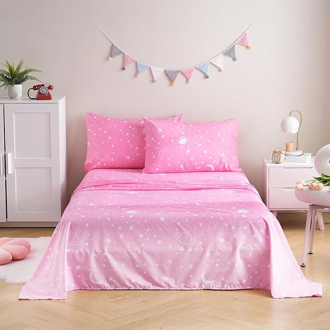JSD Gradient Pink Moon Stars Kids Sheet Set Twin Size, 3 Piece Space Theme Microfiber Sheets Deep Pocket