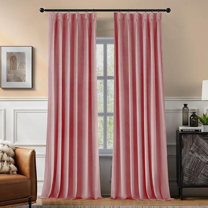 Pinch Pleated 100% Blackout Curtains for Bedroom, Pink Velvet Curtains for Living Room, Black Out Curtain 96 inch Long Room Darkening, Blackout Pinch Pleat Drapes with Hooks 2 Panels