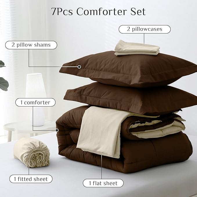 JOLLYVOGUE King Comforter Set, Ultra-Soft Bed in a Bag King Size 7 Pieces, Oeko-TEX Certified Bedding Set with Down Alternative Comforter, Sheets, Pillowcases & Shams, Brown & Beige
