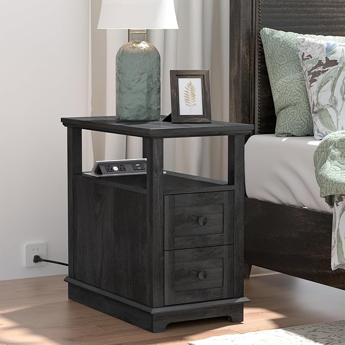 HIFYOBRO Narrow End Table with Flip Top Charging Station Set of 2, Side Table with 2 Drawers, Type-C & USB Port & Power outlets, Wooden Storage Cabinet for Living Room and Bedroom