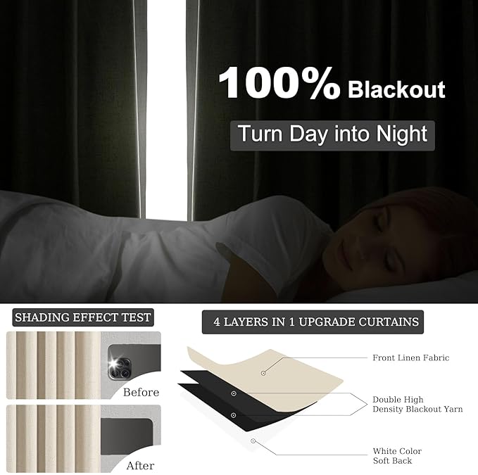 Topfinel 100 Inch Long Tan Black Out Custom Drapery Panels, Burlap Opaque Double Pinch Pleated Window Coverings, Kids Heat Blocking Back Tab Curtains