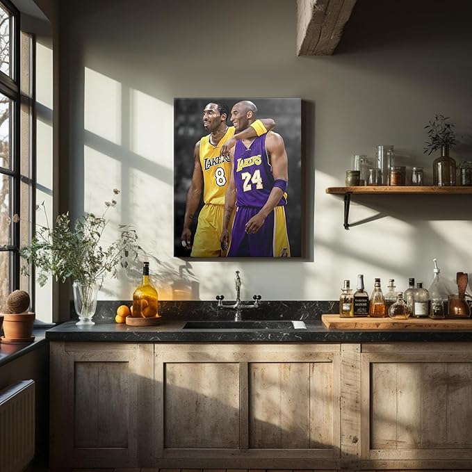 Kobe Bryant Canvas Wall Art Print Poster, Iconic Basketball Player Dual-Era Tribute Artwork, No. 8 and No. 24 Jersey Mamba Mentality Wall Decor for Home Gym Dorm Office Living Room, Framed 8x10inch