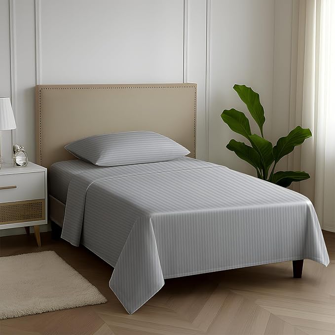 Carressa Linen Striped Egyptian Cotton Sheets Twin XL Size - 600 Thread Count 3 PC Damask Twin XL Sheets Deep Pockets, Sateen Weave College Dorm Bedding Twin XL, Fits Mattress Upto 18" - Silver