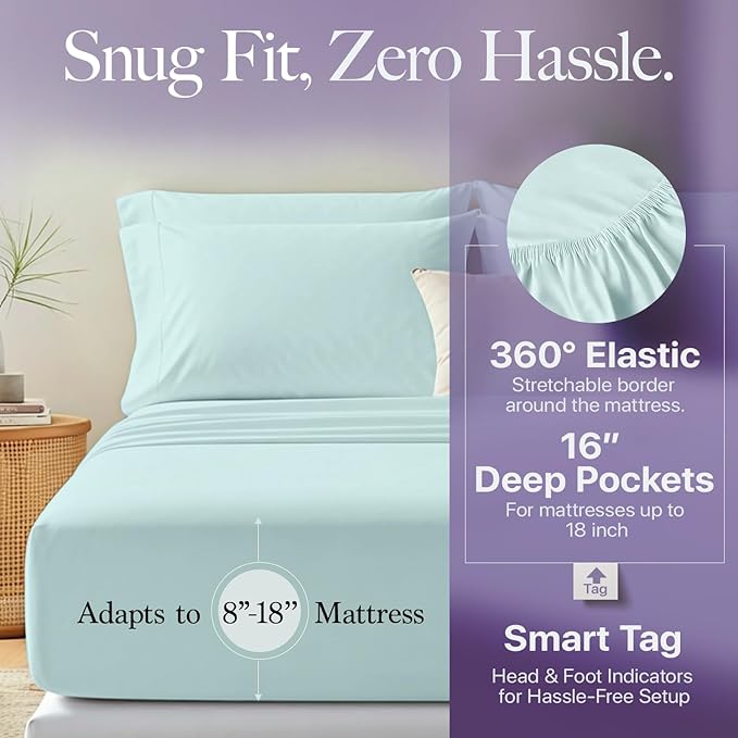 Carressa Linen 100% Egyptian Cotton Twin Sheets Set - 600 Thread Count Egyptian Cotton Luxury Twin Sheets (3 PC, Seafoam Green), 16" Deep Pocket, Soft, Cooling, Sateen Weave College Dorm Room Bedding