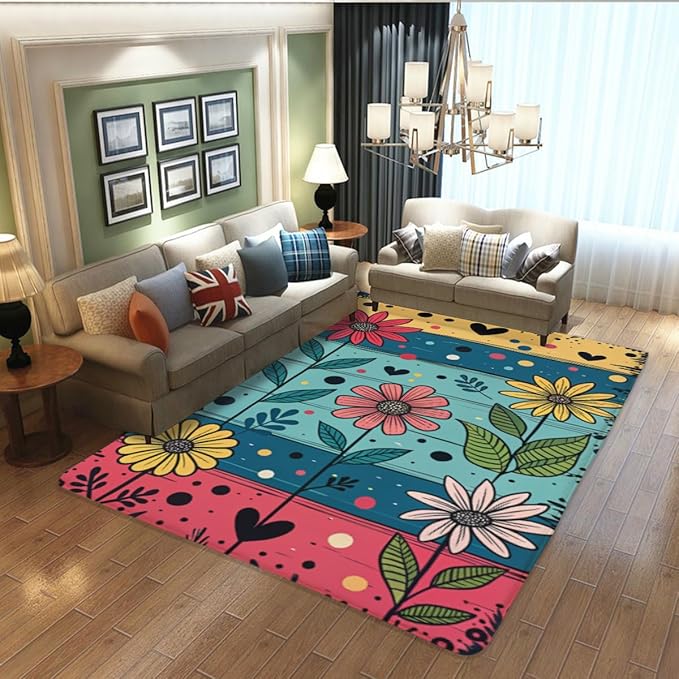 Machine Washable 5' x 8' Folk Art Print Style Area Rug, Flowers Floor mat, Suitable for bedrooms, Girls' Room Bedside, Living Room, Dining Room, Office, Non-Slip Low-Pile Retro, Fashionable Carpet
