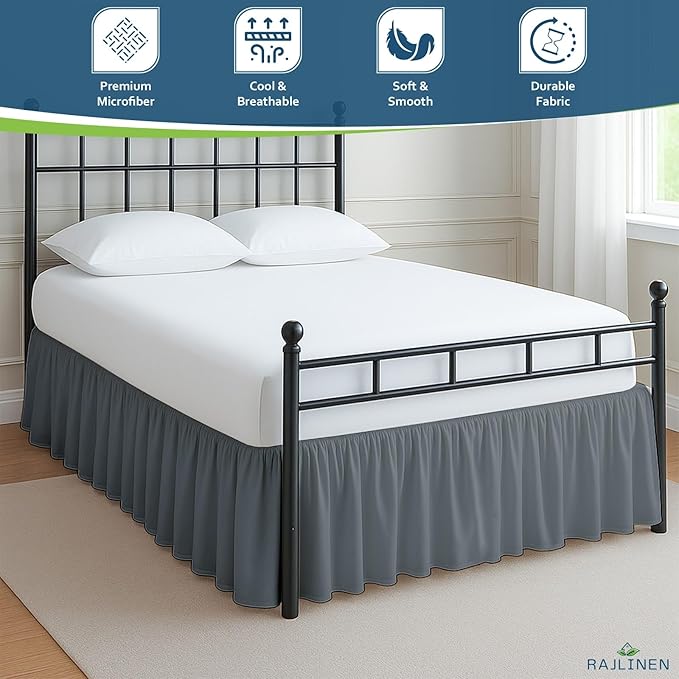 Rajlinen Ruffled Bed Skirt Twin XL, 18 Inch Drop Dust Ruffle with Split Corners, 100% Microfiber Bedskirt with Platform, Three-Sided Coverage Ruffled Gathering Design, Dark Grey