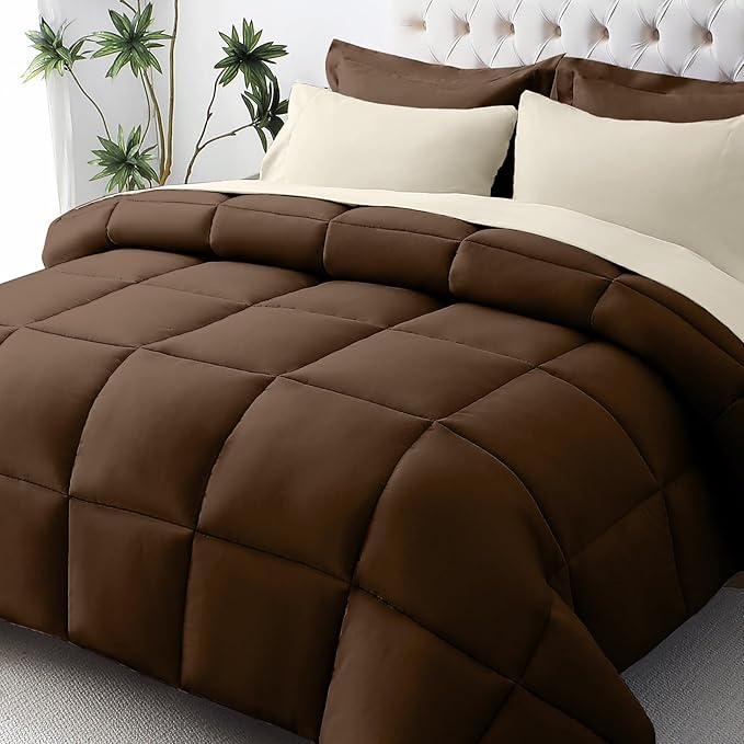 JOLLYVOGUE Twin XL Comforter Set, Ultra-Soft Bed in a Bag Twin XL Size 5 Pieces, Oeko-TEX Certified Bedding Set with Down Alternative Comforter, Sheets, Pillowcases & Shams, Brown & Beige