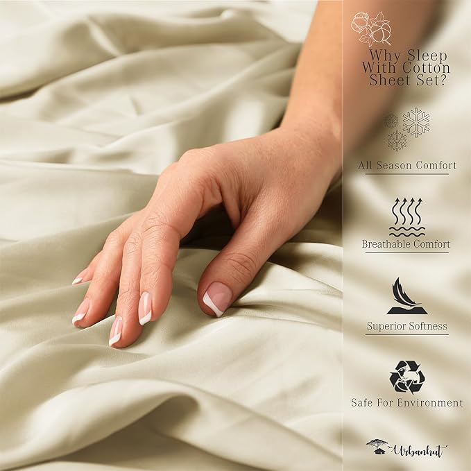 URBANHUT 800 Thread Count 100% Cotton Queen Size Sheets, Luxury 4 Piece Queen Bedsheets, Hotel Sheets Sateen Finish - Better Than Egyptian, 16" Elasticized Deep Pocket - Ivory