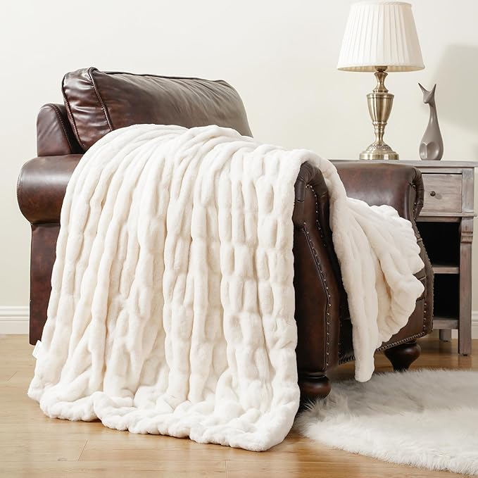 BATTILO HOME Cream Faux Fur Throw Blanket for Bed, Large Double Side Ruched Rabbit Fur Blanket for Couch, Bed, Super Soft Cozy Mink Blanket, 60"x80"