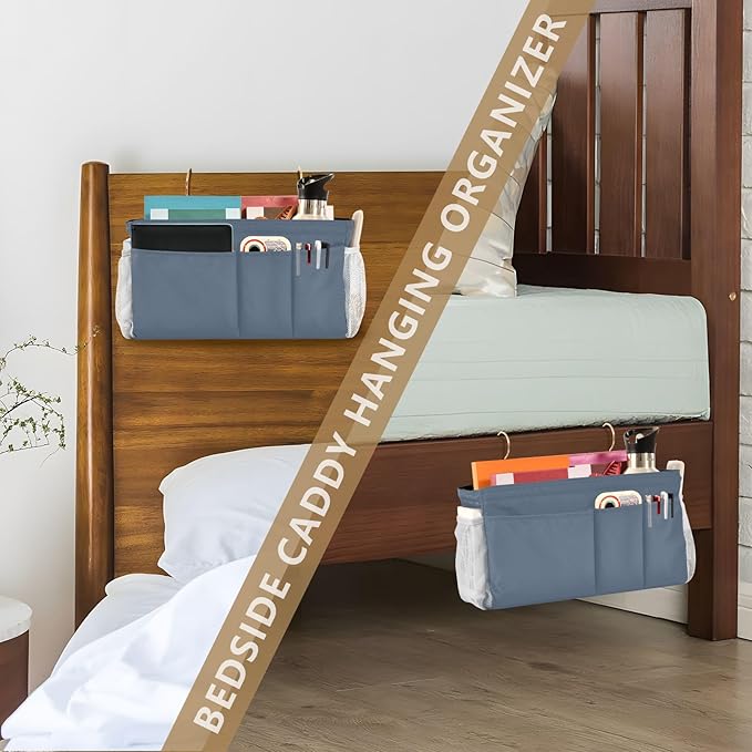 KOPIRIT Dusty Blue Bedside Caddy Storage Bag Bedside Organizer for Headboards Bunk Beds Organizer Caddy Hanging Shelf 6 Pockets with Hooks for Magazine Water Bottle Holder