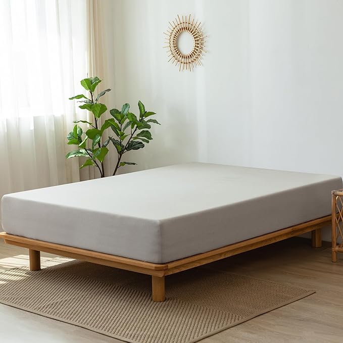 MooMee Fitted Bottom Sheet Only 100% Washed Cotton Linen Like Textured Breathable Durable Soft Comfy Deep Pocket Fits Mattress up to 17" (Natural Linen, King)