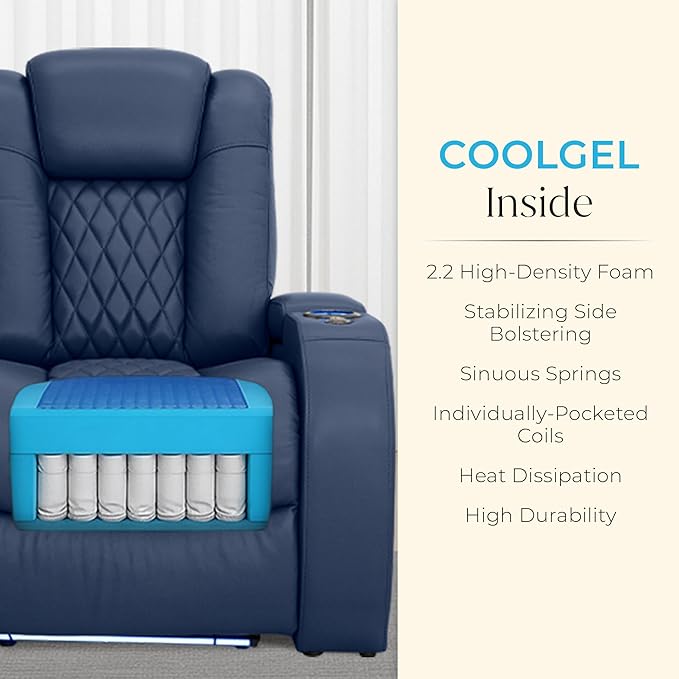 Seatcraft Diamante Zero-Gravity CoolZero Italian Leather Home Theater Seating, Power Headrest, Power Recline, Row of 4 Sofa, Navy Blue