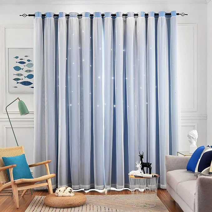 Star Curtains for Living Room Drapes for Bedroom Blackout Curtains for Bedroom Kids Curtains Double Layer Curtains Curtains 96 Inches Long 2 Panels Set, Blue Curtains, 52 X 96 Inches
