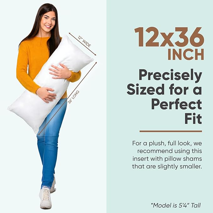 Pillowflex Synthetic Down Pillow Insert - 12x36 Down Alternative Pillow, Ultra Soft, Large Rectangle Body Sleeping Pillow, Lumbar, Long, Back - 1 Decorative Pillow Form