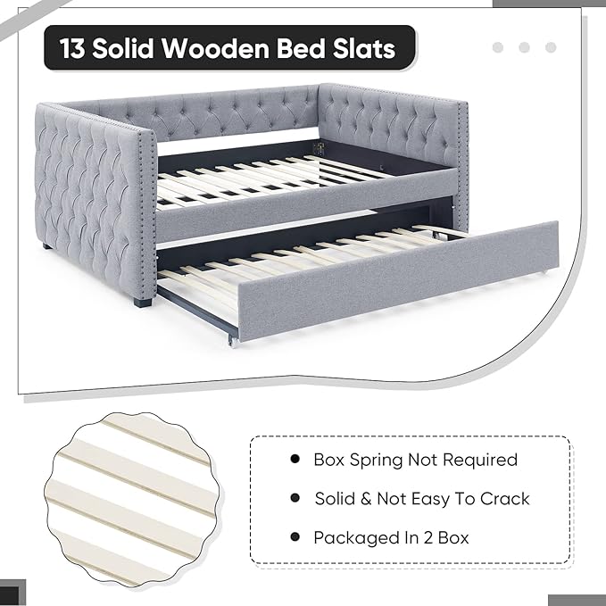 Daybed with Trundle, Modern Upholstered Full Size Day Bed Button-Tufted Sofa Daybed Frame with A Roll-Out Trundle, No Box Spring Needed, Furniture for Bedroom Living Room Guest Room (Light Grey, Full)