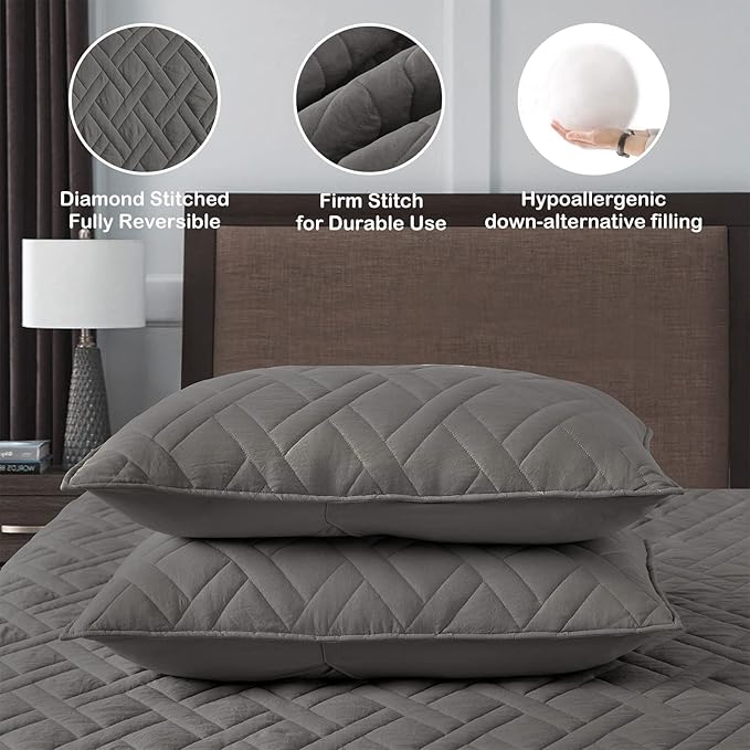 HORIMOTE HOME Quilt Set King Size Grey, Classic Geometric Diamond Stitched Pattern,Microfiber Ultra Soft Lightweight Bedspread Coverlet for All Season, 3 Piece Includes 1 Quilt and 2 Shams