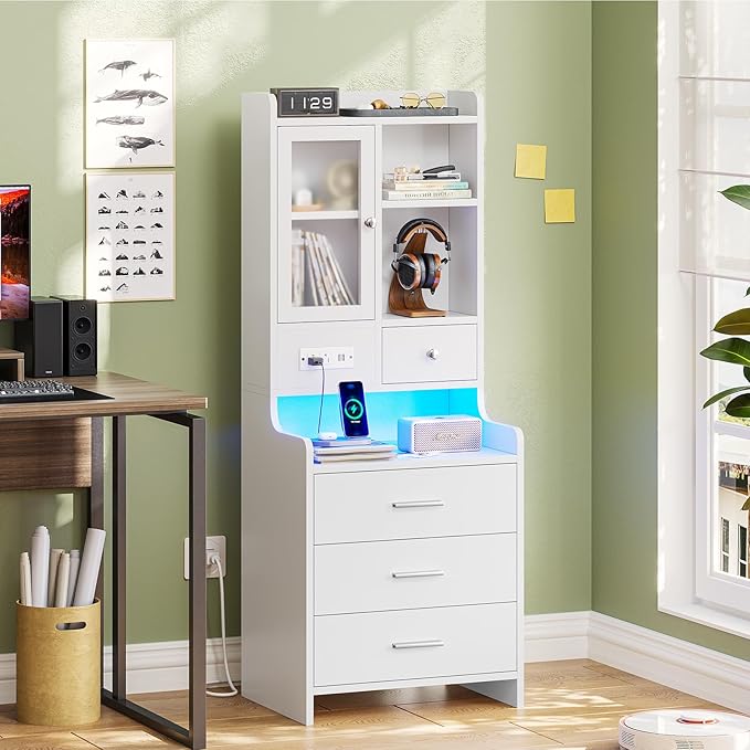 ADORNEVE White Nightstand Set of 2 with Charging Station,49.2" LED Night Stand for Bedroom,Tall Bedside Table with Bookshelf and Drawers,Side Tables Bedroom