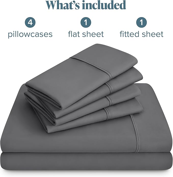Bare Home Hotel Luxury Cal King Sheet Set, Extra Soft, 6 Piece Set, Deep Pockets, Easy Fit, Cooling & Breathable, Wrinkle, Fade, Stain Resistant, Includes 4 Pillowcases (California King, Grey)