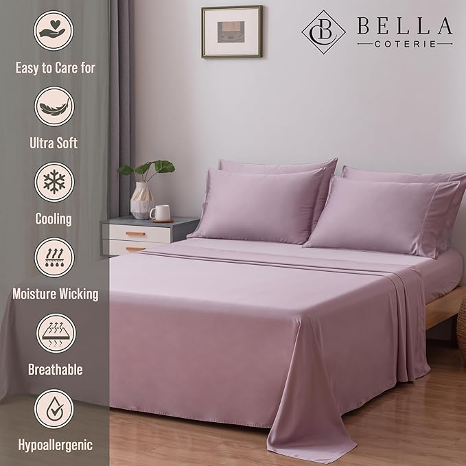 Bella Coterie 6 Piece Luxury Bamboo Viscose California King Size Sheet Set | 100% Organically Grown | Cooling for Hot Sleepers | 18" Deep Pocket | Soft & Hypoallergenic | 4 Pillowcases [Lilac]