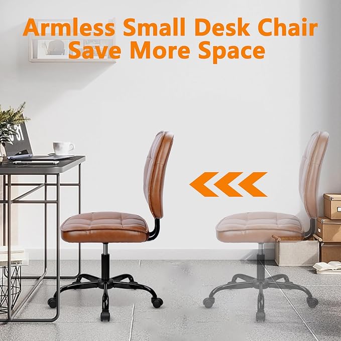 CLATINA Armless Home Office Chair with Lumbar Support and Wheels, Small PU Leather Ergonomic Low Back Desk Chairs No Arms, Adjustable Height 360° Swivel Rolling Computer Task Chair, Brown