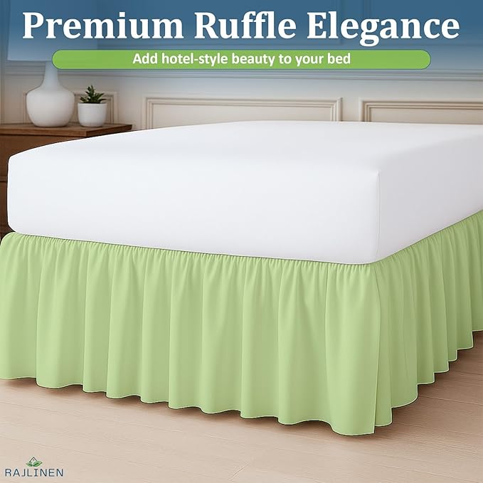 Rajlinen Ruffled Bed Skirt California King, 24 Inch Drop Dust Ruffle with Split Corners, 100% Microfiber Bedskirt with Platform, Three-Sided Coverage Ruffled Gathering Design, Sage