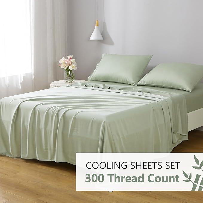 Linen World Cooling Bed Sheets Set Queen Size,100% Organically Grown Viscose Sheets,Deep Pocket Up to 16",4 Pieces Silky Soft,Breathable Bedding Sheets & Pillowcases(Sage Green,Queen)