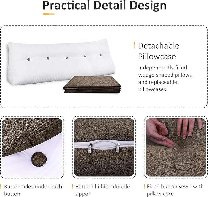 homecozy Wedge Headboard Pillow Dorm Room Reading Pillow Back Support for Sitting Up in Bed Bolster Lumbar Cushion Body Positioning Bedrest Cotton Linen 76in Coffee King