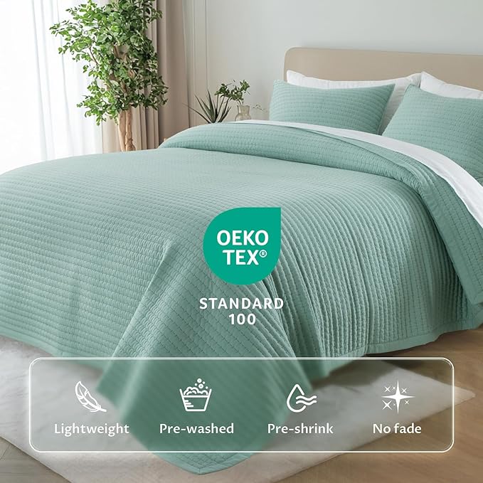 KASENTEX Queen XL Quilt Set 98"x98" – Soft Washed 3-Layer Lightweight Bedspread, Minimalist Nordic Design, All-Season Spring & Summer Quilt Set (1 Quilt + 2 Pillow Shams), Green