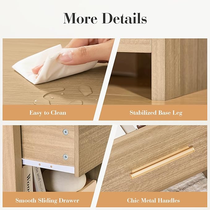 Night Stand Set of 2 [Unique Curved Profile] [FSC-Certified Wooden Board] 1-Drawer and 1 Storage Shelf Nightstand 24" H Metal Handle Modern Bedside Table Side Table End Table for Bedroom