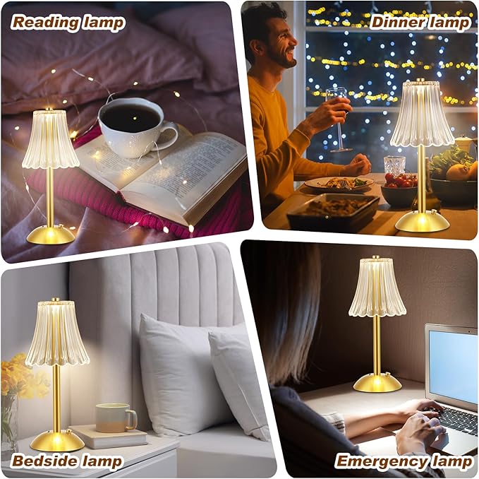Liliful 30 Pcs Cordless Table Lamp Rechargeable Touch LED Small Gold Portable Battery Operated USB-c Desk Lamp 3 Color Dimmable for Bedroom Living Room Dining (Gold,Rose Style)