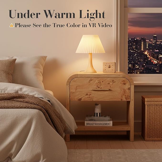 Night Stand Set of 2 [Unique Curved Profile] [FSC-Certified Wooden Board] 1-Drawer and 1 Storage Shelf Nightstand 24" H Metal Handle Modern Bedside Table Side Table End Table