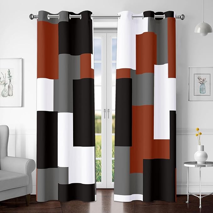 Burnt Orange 100% Blackout Curtains for Bedroom 63 inch Length 2 Panels Set Grey Modern Abstract Geometric Fall Black Out Curtains Insulated Room Darkening Window Drapes for Living Room, 42Wx63L