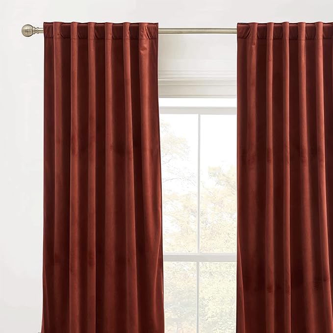 RYB HOME Rust Red Velvet Curtains 102 inches, Back Tab Soft Fabric Room Darkening Thermal Insulated Luxurious Home Decor Curtains for Living Room Bedroom, W 52" x L 102", 2 Panels Set