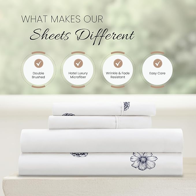 Linen Market Patterned Microfiber Full Sheet Set 4 Piece – Oeko-TEX Certified Ultra Soft & Wrinkle-Free - 16" Deep Pocket Sheets - Easy Care Full Size - Indigo Flowers Navy