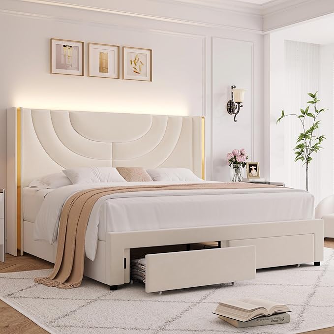 HITHOS Full Upholstered LED Bed Frame with 2 Storage Drawers, Velvet Platform Bed with Wingback Headboard, Solid Wooden Slats Support, No Box Spring Needed, Headboard Splicing Design, Beige