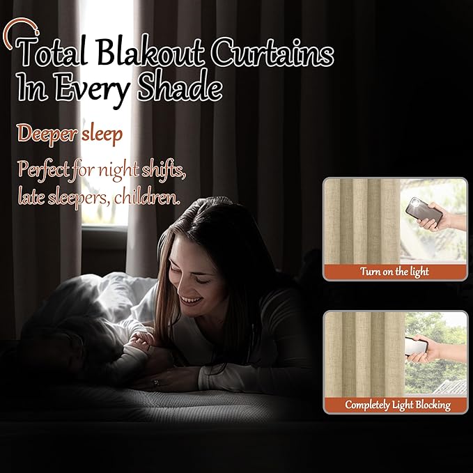 100% Blackout Curtains for Living Room 90 Inches Long 2 Panels, Faux Linen Textured Floor Length Thermal Insulated Bronze Grommet Boho Window Energy Save Drapes, Each 52" Wide, Burlap