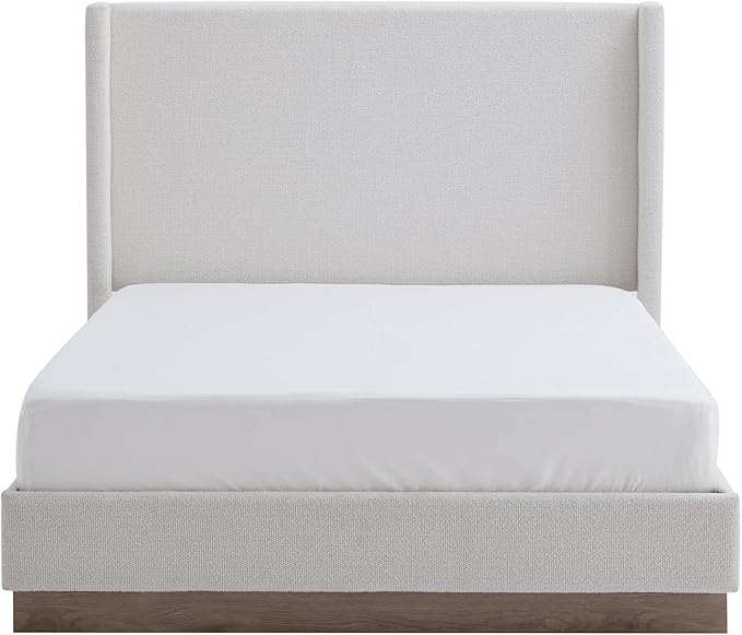 Queen Size Upholstered Bed Frame, 53" Tall Headboard Hosford Wingback Bed Frames, Wood Base Floor Platform Beds, No Box Spring Needed No Noise, Rusticity Minimalist, Cream White Boucle