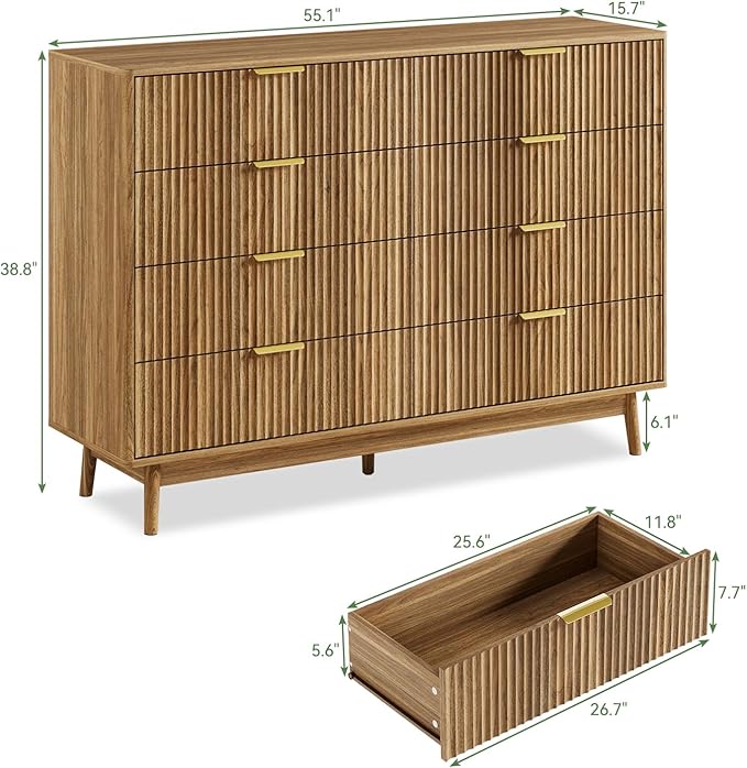 LYNSOM Fluted Dresser and Nightstand Sets 3 Piece, 9-Drawers Dresser and 1-Drawer Nightstands Set of 2, Wood Bedroom Furniture Set for Home, Bedroom, Hallway, Walnut