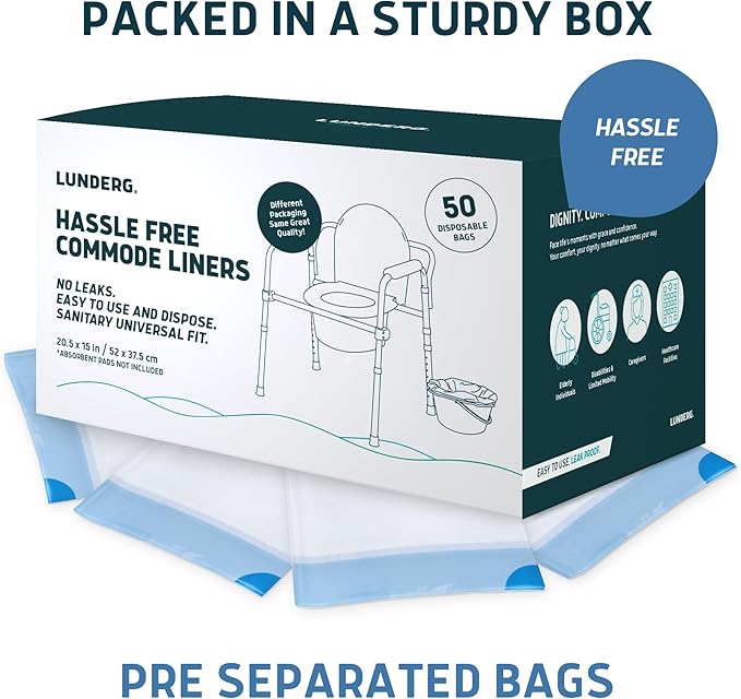 Lunderg Commode Liners - Value Pack 50 Count Universal Fit - Medical Grade Bedside Commode Liners Disposable for Adult Commode Chair, Portable Toilet Bags or Camping Toilet Bags