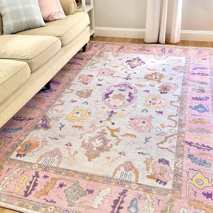 Fame Rugs Pink Beige Modern Oushak Rug 9x12, Vintage Turkish Colorful Oriental Washable Antique Inspired Oversize Area Rugs, Luxury Living Room Bedroom (390PP, 9' x 12)