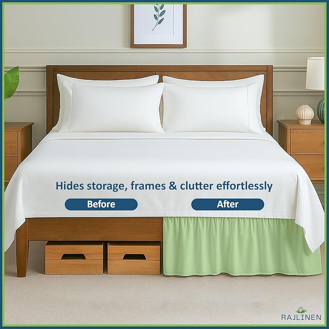 Rajlinen Ruffled Bed Skirt Full, 16 Inch Drop Dust Ruffle with Split Corners, 100% Microfiber Bedskirt with Platform, Three-Sided Coverage Ruffled Gathering Design, Sage