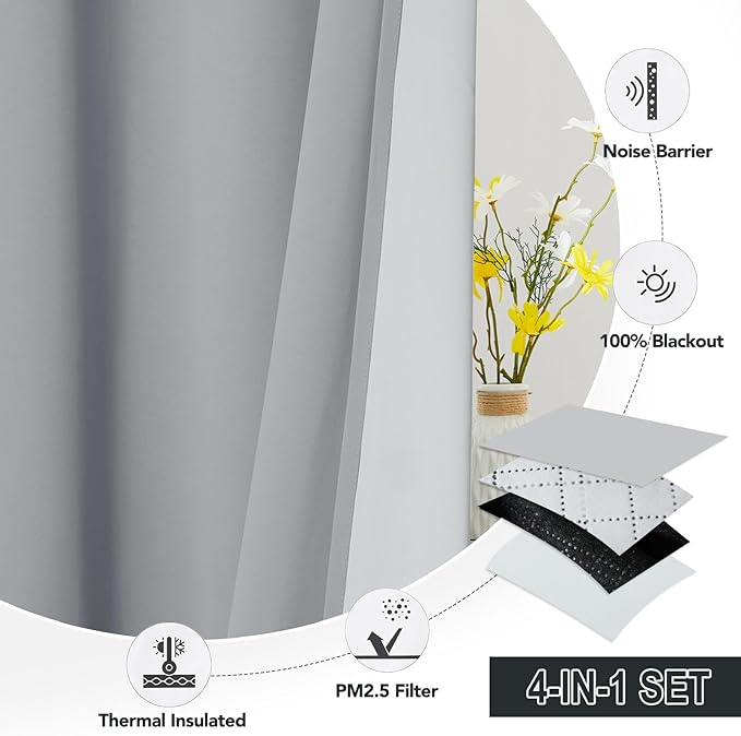 RYB HOME 4-in-1 Dust Filtering Soundproof Blackout Insulating Privacy Window Curtains for Nursery Bedroom Living Room Rivider Sound Absorption Sheet, Silver Grey, W52 x L95 inch, 2 Panels