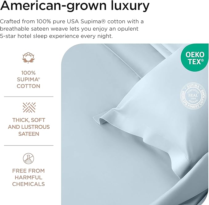 Threadmill Luxury Full Size Sheets for Full Size Mattress, 1200 Thread Count Supima Cotton Sheets for Full Mattress, 5-Star Hotel Quality 4 Piece Bed Sheets with Extra Deep Pocket, Light Blue