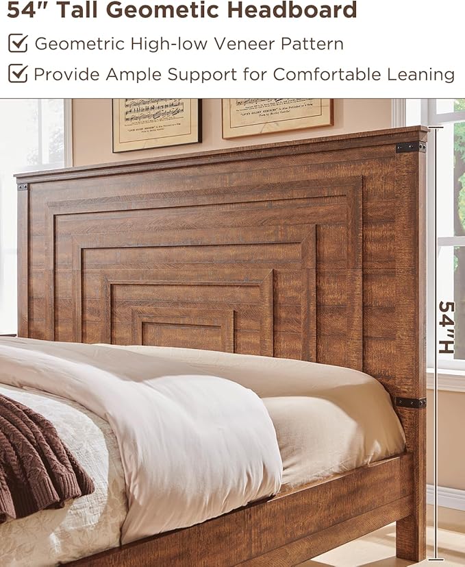 T4TREAM Farmhouse King Size Bed Frame with 54" Tall Geometric Headboard & 2 Large Storage Drawers, Rustic Wood Platform Bed with Wood Slats Support, No Box Spring Needed, Reclaimed Barnwood