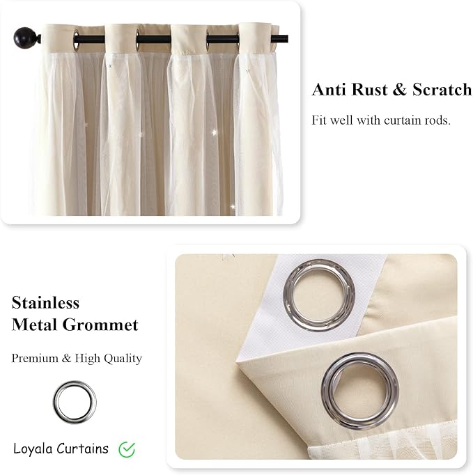 Star Blackout Bedroom Curtains, Beige, 52"W x 63"L, 2 Panels