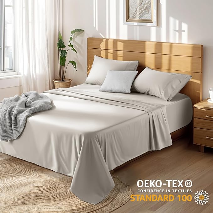 LBRO2M 100% Cotton Sheets Set Deep Pocket 19", 1000 Thread Count King Size 4 Piece Bed Sheet Sets Soft Comfortable Bedding All Season (King, Taupe)