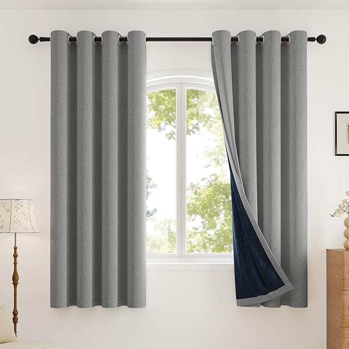 100% Blackout Curtains Thick Soft Curtain 2 Panels for Bedroom, Linen-Look Textured Full Light Blocking Room Darkening Thermal Insulated Drapes for Bathroom/Kitchen Windows (W52xL45, Grey)