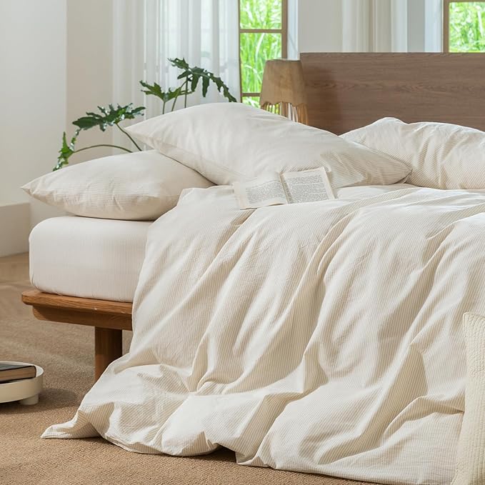 MooMee Striped Duvet Cover Set 100% Washed Cotton Linen Like Textured Breathable Durable Soft Comfy (Almond Milk Grey Pinstripes, Oversized Full 82"x86")