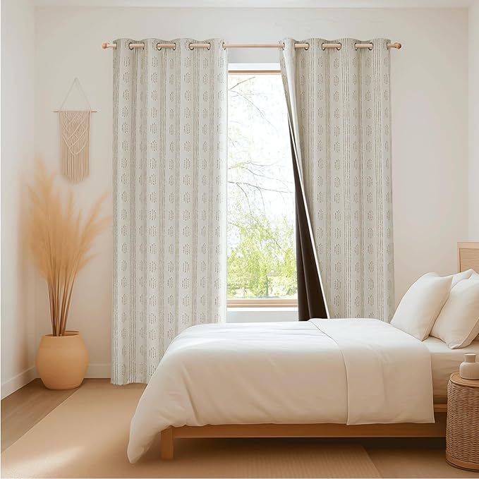 100% Boho Blackout Curtains 63 Inches Long for Bedroom, Taupe on Beige Patterned Bohemian Curtains for Living Room, Geometric Striped Thermal Insulated Window Drapes Gromment Top 2 Panels